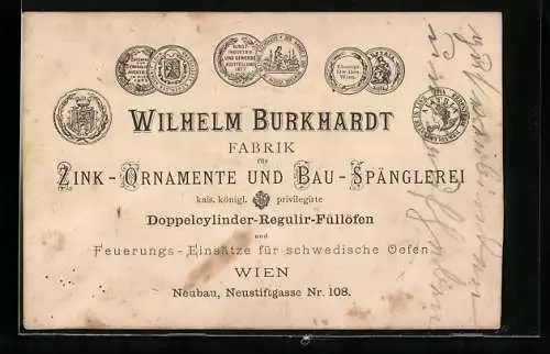 Vertreterkarte Wien, Wilhelm Burkhardt. Fabrik für Zink-Ornamente und Bau-Spänglerei, Neustiftgasse 108
