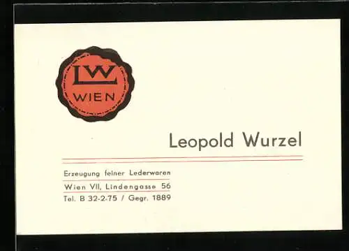 Vertreterkarte Wien, Leopold Wurzel, Erzeugung feiner Lederwaren, Lindengasse 56