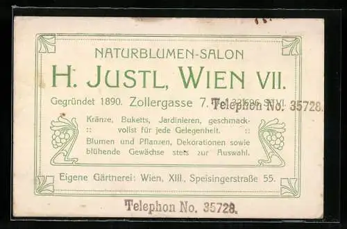 Vertreterkarte Wien, Naturblumen-Salon H. Justl, Zollergasse 7