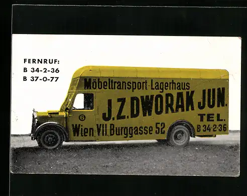 Vertreterkarte Wien, Möbeltransport-Lagerhaus J. Z. Dworak Jun., Burggasse 52