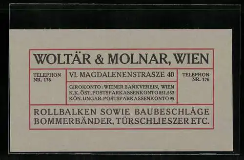 Vertreterkarte Wien, Woltär & molnar, Magdalenenstrasze 40, Rollbalken, Baubeschläge Bommerbänder, Türschlieszer etc.