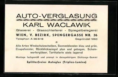 Vertreterkarte Wien, Auto-Verglasung Karl Waclawik, Spengergasse 36
