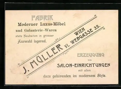 Vertreterkarte Wien, Moderne Luxus Möbel, J. Müller, Webgasse 35, Erzeugung von Salon-Einrichtungen