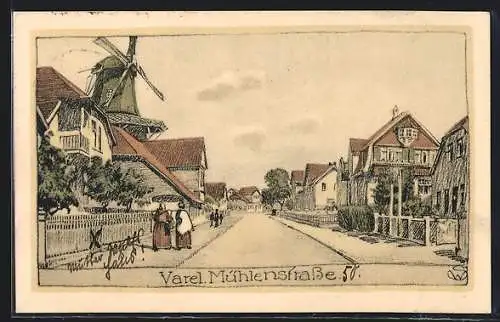 Steindruck-AK Varel / Oldenburg, Mühle in der Mühlenstrasse