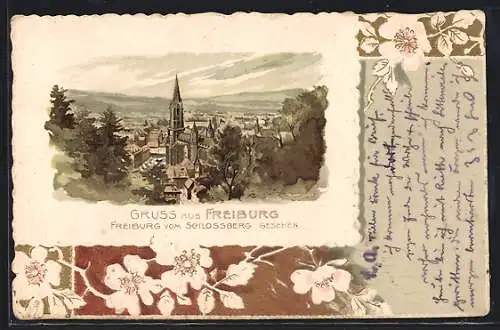 Passepartout-Lithographie Freiburg / Breisgau, Totalansicht vom Schlossberg aus