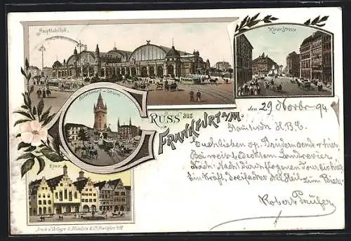 Vorläufer-Lithographie Frankfurt a. M., 1894, Hauptbahnhof, Kaiser-Strasse, Eschenheimer-Turm, Römer