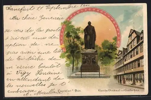Lithographie Frankfurt a. Main, Goethe-Denkmal und Goethe-Haus