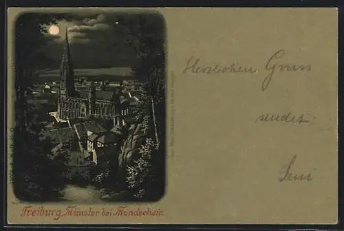 Mondschein-Lithographie Freiburg / Breisgau, Das Münster bei Nacht