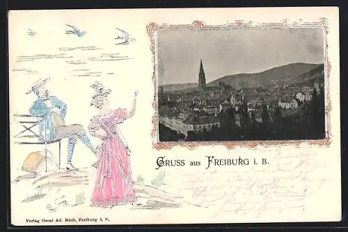 AK Freiburg / Breisgau, Gesamtansicht, Paar mit Schwalben