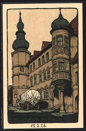 Steindruck-AK Mücheln / Halle, Pferdewagen vor dem Rathaus