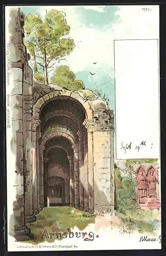 Künstler-Lithographie Arnsburg / Oberhessen, Partie in der Ruine