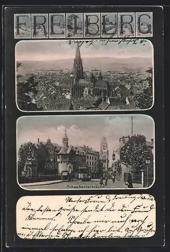 AK Freiburg / Breisgau, Strassenbahn an der Schwabentorbrücke, Münster