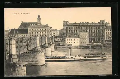 AK Linz a. d. Donau, Ortsansicht mit Dampfer