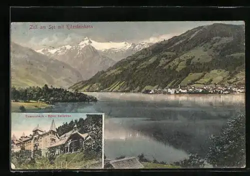 AK Zell am See, Tumersbach, Hotel Bellevue, Ortsansicht mit Kitzsteinhorn