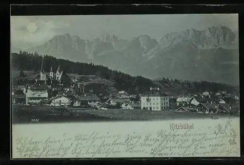 Mondschein-AK Kitzbühel, Ortsansicht aus der Vogelschau
