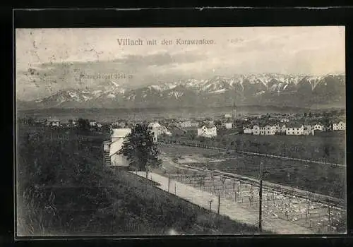 AK Villach, Ortsansicht mit den Karawanken, Mittagskogel