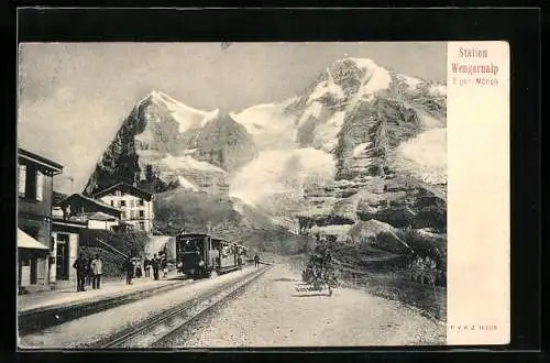 AK Wengernalp, Bahnhof der Bergbahn mit Eiger und Mönch