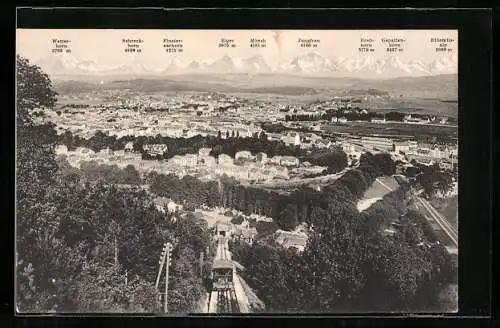 AK Magglingen, Panorama mit Bergbahn, Eiger, Mönch und Jungfrau