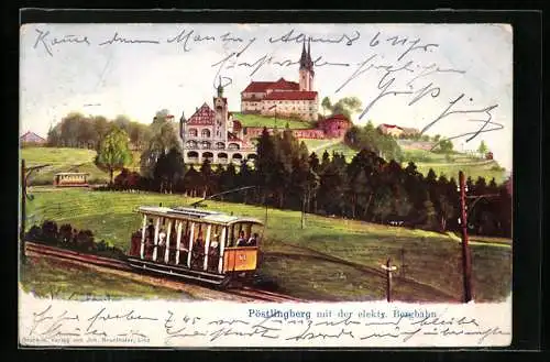 AK Linz a. D., Pöstlingberg mit der elektr. Bergbahn, Strassenbahn