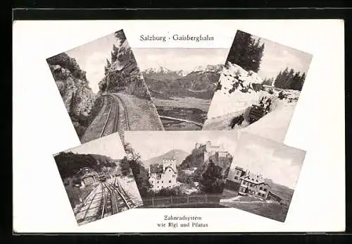 AK Salzburg, Gaisbergbahn, Zahnradsystem wie Rigi und Pilatus, Burg, Ortspartie