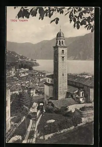 AK Lugano, Teilansicht mit Bergbahn