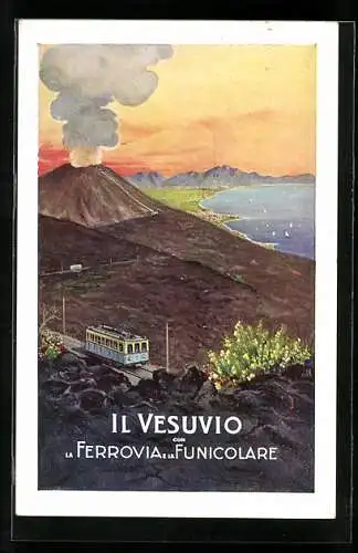 Künstler-AK Neapel, Il Vesuvio con la Ferrovia e la Funicolare, Bergbahn vor Vesuv und Meer