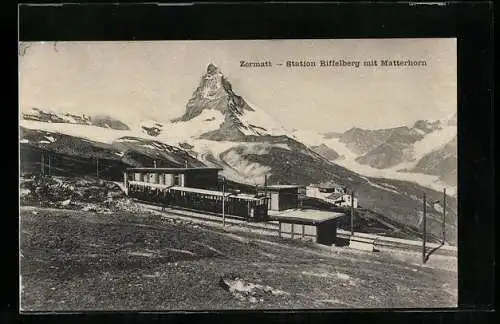 AK Zermatt, Station Riffelberg mit Bergbahn und Matterhorn