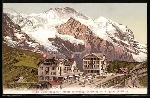 AK Kleine Scheidegg, Ortsansicht mit Jungfraubahn und Blick auf die Jungfrau