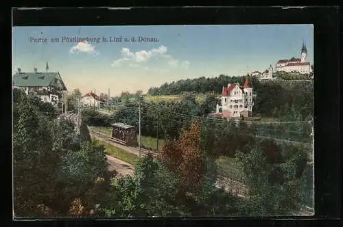 AK Linz a. d. Donau, Partie am Pöstlingberg mit Bergbahn