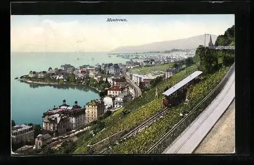 AK Montreux, Blick zum Ort, Bergbahn