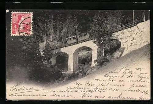 AK Leysin, Chemin de fer electrique d'Aigle, Bergbahn auf einem Viadukt