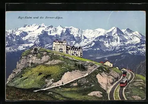 AK Rigi-Kulm, Ortsansicht mit Bergbahn und Berner Alpen aus der Vogelschau