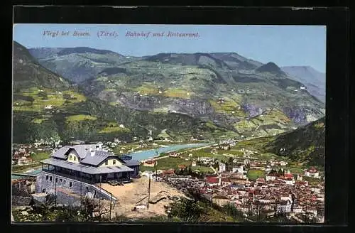 AK Virgl bei Bozen, Bahnhof und Restaurant mit Ortsansicht aus der Vogelschau, Bergbahn