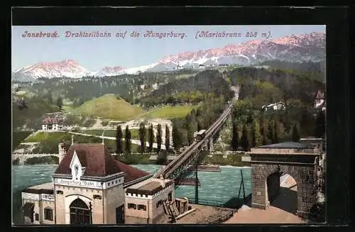 AK Innsbruck, Blick auf die Drahtseilbahn und die Hungerburg, Bergbahn