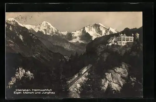 AK Interlaken, Bergbahn mit Blick auf Eiger, Mönch und Jungfrau