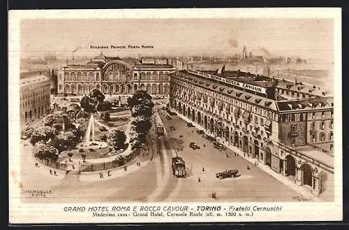 AK Torino, Grand Hotel Roma E Rocca Cavour, Strassenbahn