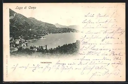 AK Tremezzina /Lago di Como, Ortsansicht mit See aus der Vogelschau