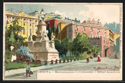 Künstler-AK Genova, Monumento C. Colombo, Hotel Londres