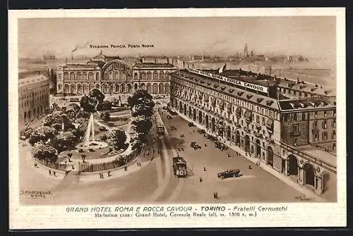 AK Torino, Grand Hotel Roma E Rocca Cavour, Strassenbahn