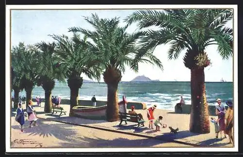 Künstler-AK Alassio, Passeggiata, Via Roma