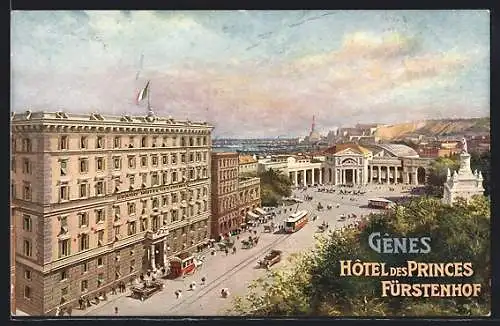 Künstler-AK Genova, Hotel des Princes Fürstenhof, Strassenbahnen