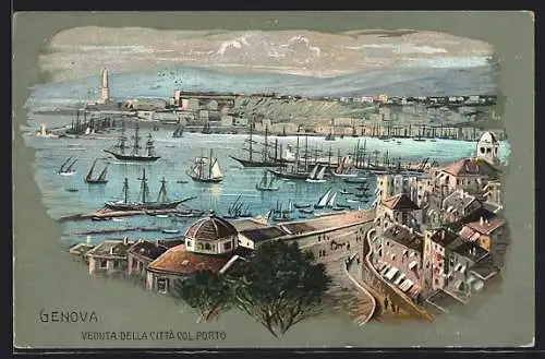Lithographie Genova, Veduta della Città col Porto