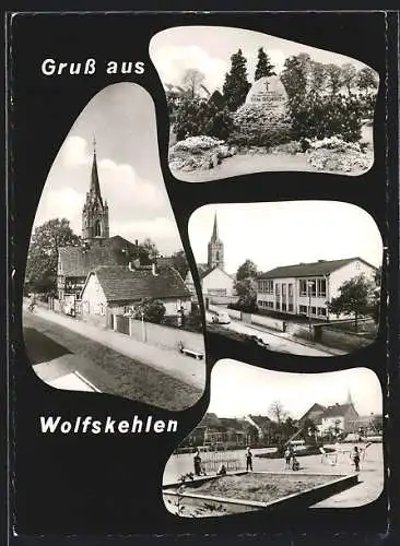AK Wolfskehlen, Blick zur Kirche, Ehrenmal, Neue Schule, Spielplatz