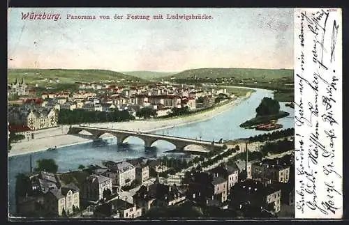 AK Würzburg, Panorama von der Festung mit Ludwigsbrücke