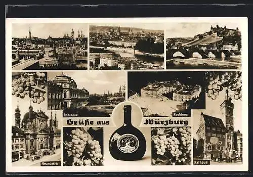 AK Würzburg, Brückenpartien, Neumünster, Residenz, Bocksbeutelflasche