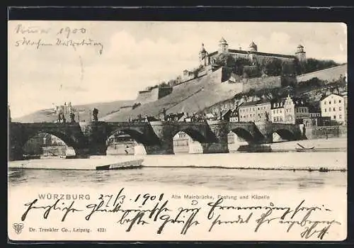 AK Würzburg, Alte Mainbrücke, Festung und Käpelle