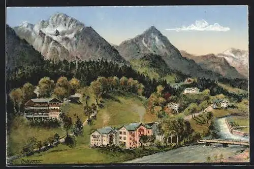 Künstler-AK Berchtesgaden, Ausblick von der Terrasse des Cafes Wittelsbach Rottebnhöfer