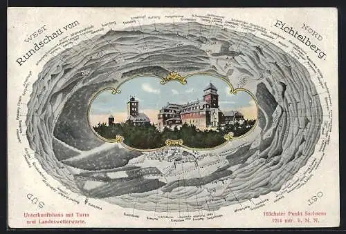 AK Oberwiesenthal, Rundschau vom Fichtelberg mit Gasthaus, Turm und Landeswetterwarte