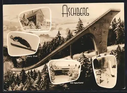 AK Klingenthal, Jugendherberge, HO-Sporthotel Sprungschanze und Skispringer Harry Glass