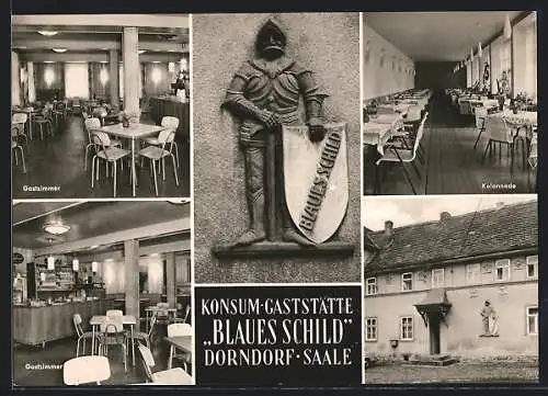 AK Dorndorf / Saale, Konsum-Gaststätte Blaues Schild, Gastzimmer, Kolonnade und Aussenansicht